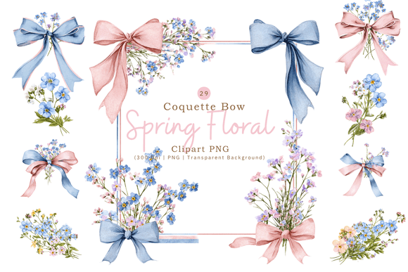 Elegant Coquette Bow & Spring Floral Clipart for Designers