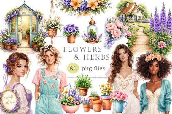 Flowers Herbs Clipart Botanical Garden: Romantic Botanical Illustrations