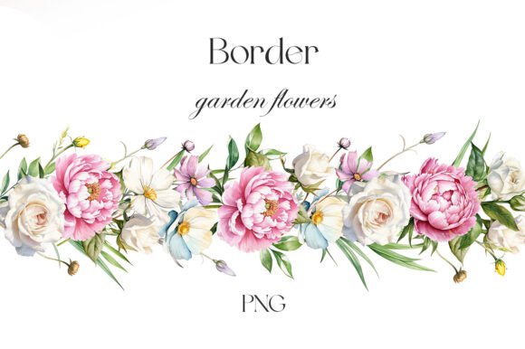 Peonies and Garden Flowers Border: Watercolor Elegance for Every Project