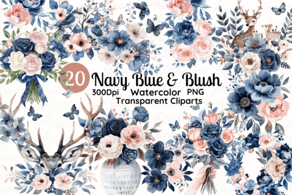 Watercolor Navy Blue and Blush Floral Clipart for Creative Projects